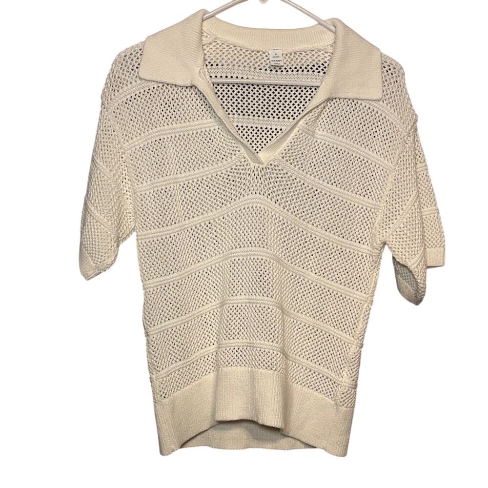 Old Navy White Knit Polo Sweater Womens Medium Short Sleeve Lightweight